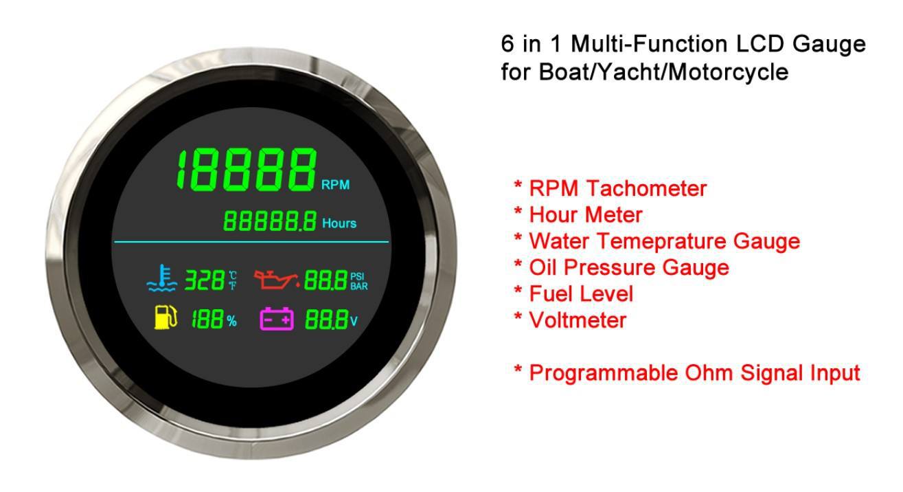 New 85mm multifunctional LCD tachometer with hour meter water temperature oil pressure oil level voltmeter