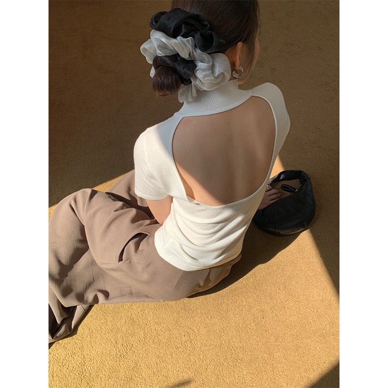 Wanwei Wool Half Turtleneck Top Women's 2025 Spring New Big Backless Slim Knitted Short Sleeve T-Shirt P2912