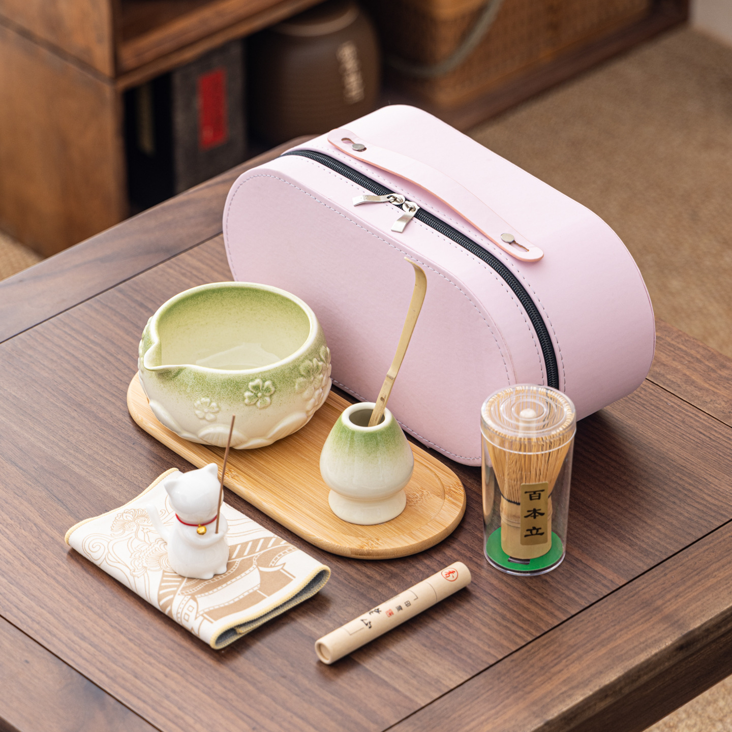 Cuenco de matcha corrugado caja de cuero set adorable gatito Xiangdao ocho piezas set punto té 100 tazas de té