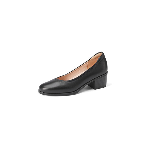 Women's Black Round-Toe Thick-Heeled Flat Shoes for Air Hostess, Bank, Hotel Interview, Professional Dress Shoes with Rough Sole and Thick Sole
