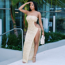D25DS264亚马逊跨境女装性感毛织镂空抹胸露腰抽绳开衩连衣长裙女