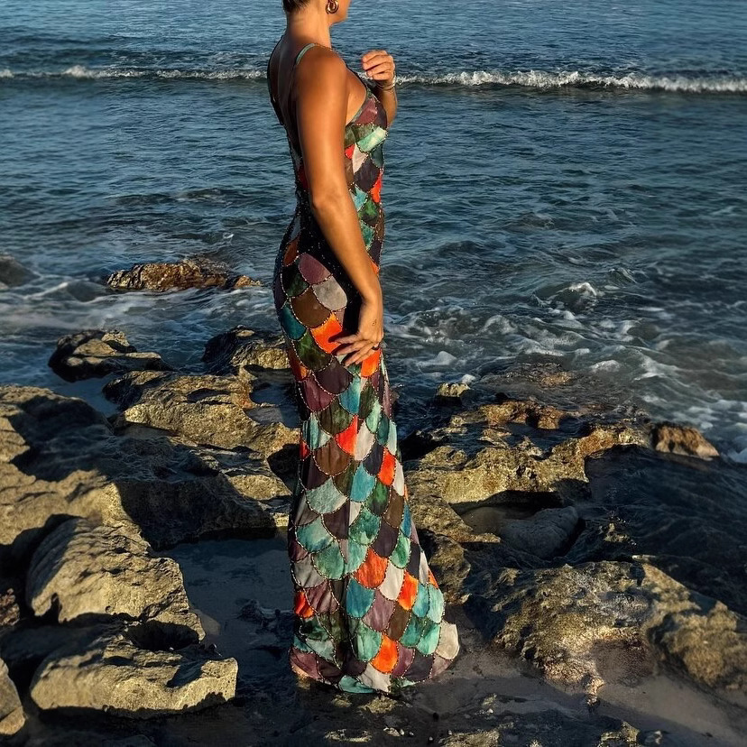 Women's Clothing Summer Women's Printed Dress Halter Neck Color Block Long Sleeveless Fashionable Elegant Sexy Women's Clothing_ecoleips.com