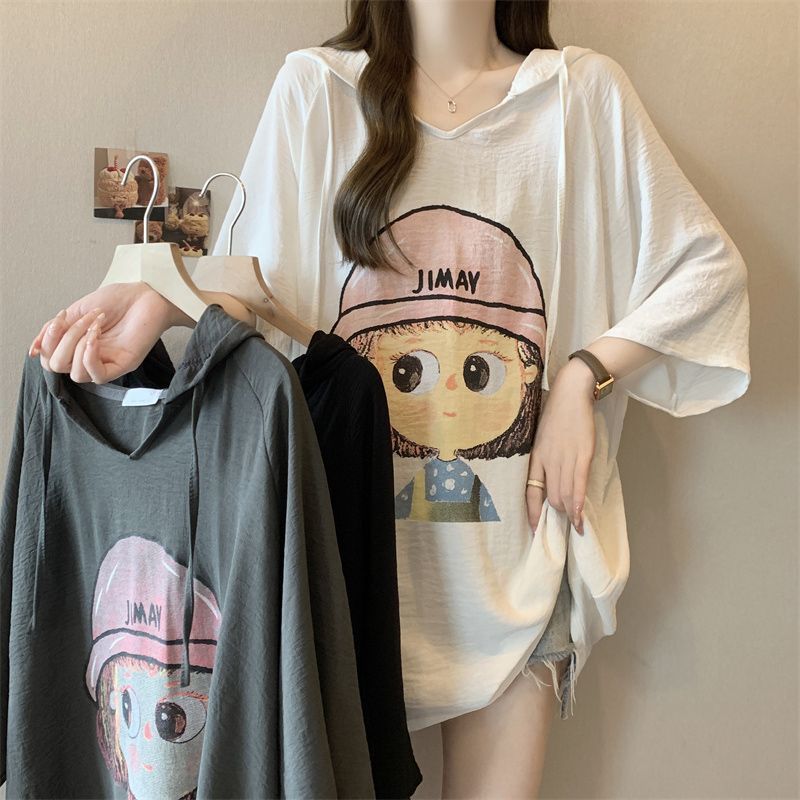Camiseta de manga corta con capucha y estampado de dibujos animados para mujer de talla grande verano 2024 nuevo estilo suelto delgado mm top mujer