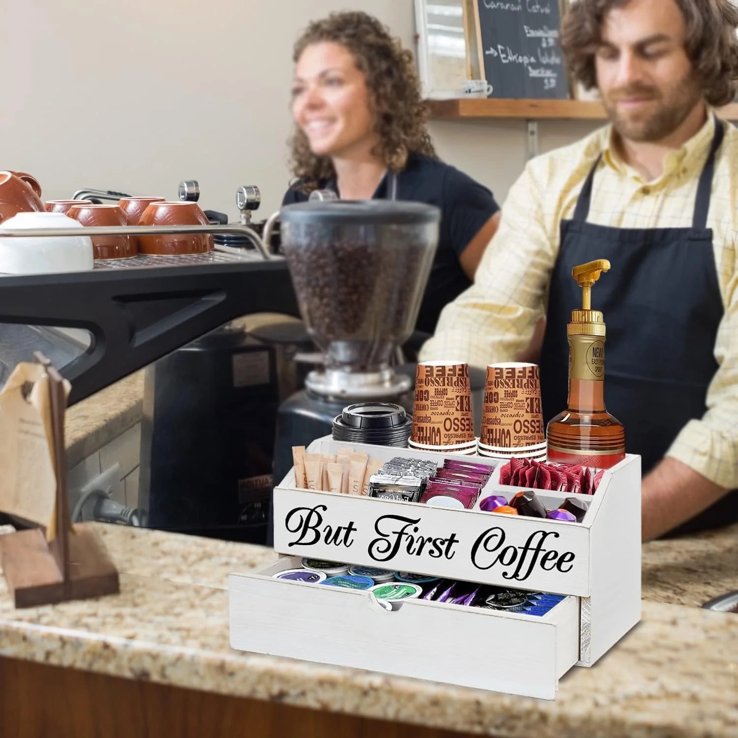 Encimera de cocina botella de condimento caja de almacenamiento mesa de bar bolsa de café taza de papel caja de almacenamiento bebida doméstica caja de preparación de bocadillos