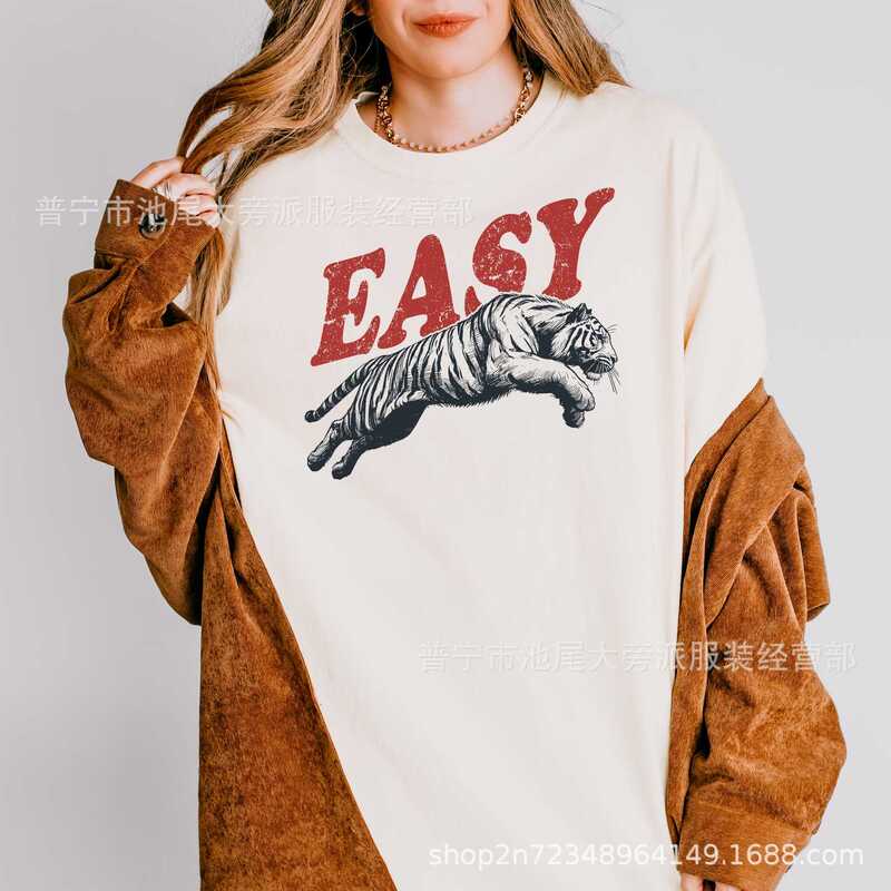 Easy Tiger Vintage Shirt Top Tiger Oversized Pattern Fashion Aesthetic Color T-Shirt Round Neck Sweatshirt