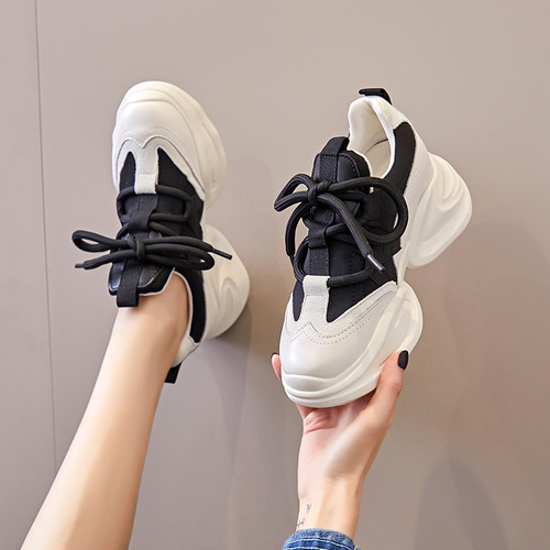 Increased thick-soled dad shoes for women ins trend  spring new leather thick-soled platform shoes casual sports shoes