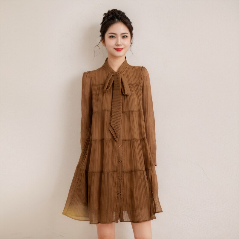 2025 Spring Fashion Lace-up Bow Elegant Texture Long Sleeve Mid-length Elaseless Women's Pleated dress
