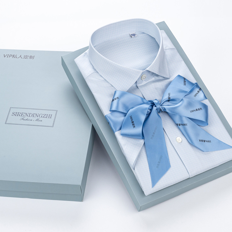 100% Mulberry Silk Men's Long-Sleeved Shirt, Business Men's Clothing, High-End Custom Silk Light Blue Plaid Casual Shirt 100% Mulberry Silk Men's Long-Sleeved Shirt, Business Men's Clothing, High-End Custom Silk Light Blue Plaid Casual Shirt