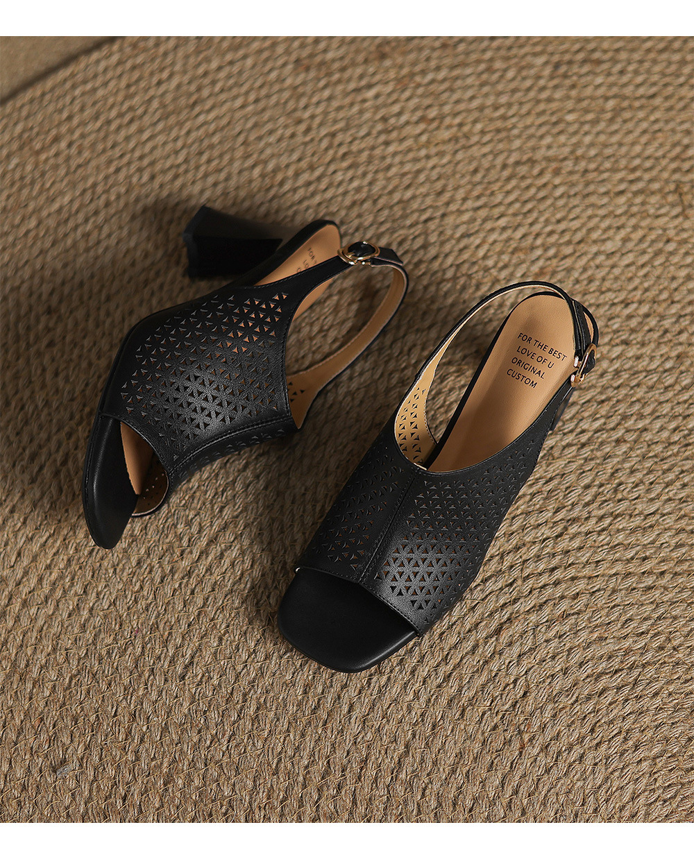 Sandal cao gót nữ hở mũi quai ngang đục lỗ da bò, gót 7 cm — Gạo trắng và cao 7 cm chi tiết 22