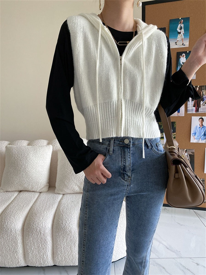 Retro chaleco encapuchado de hombro de punto Cardigan corto de mujer outer vestir otoño nuevo suéter suelto sin mangas abrigo
