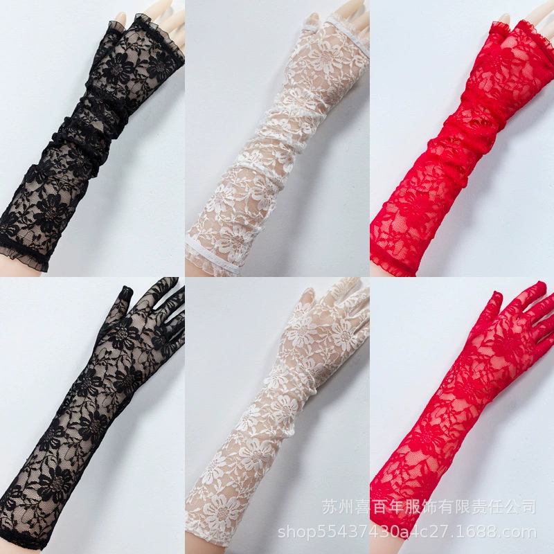 Кружевные свадебные перчатки без пальцев средней длины, черно-белые, эластичные, дышащие, с защитой от солнца, ретро, элегантные, сексуальные, оптом