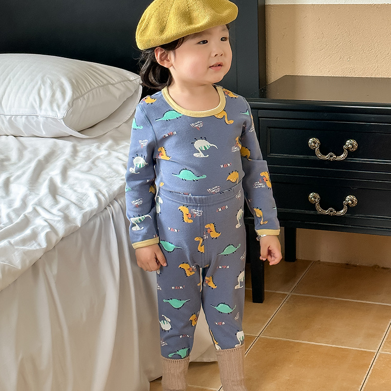 Ropa de otoño del bebé pantalones largos traje algodón los niños invierno cepillado estilo Coreano ropa interior térmica lana estante sin hueso Pijamas