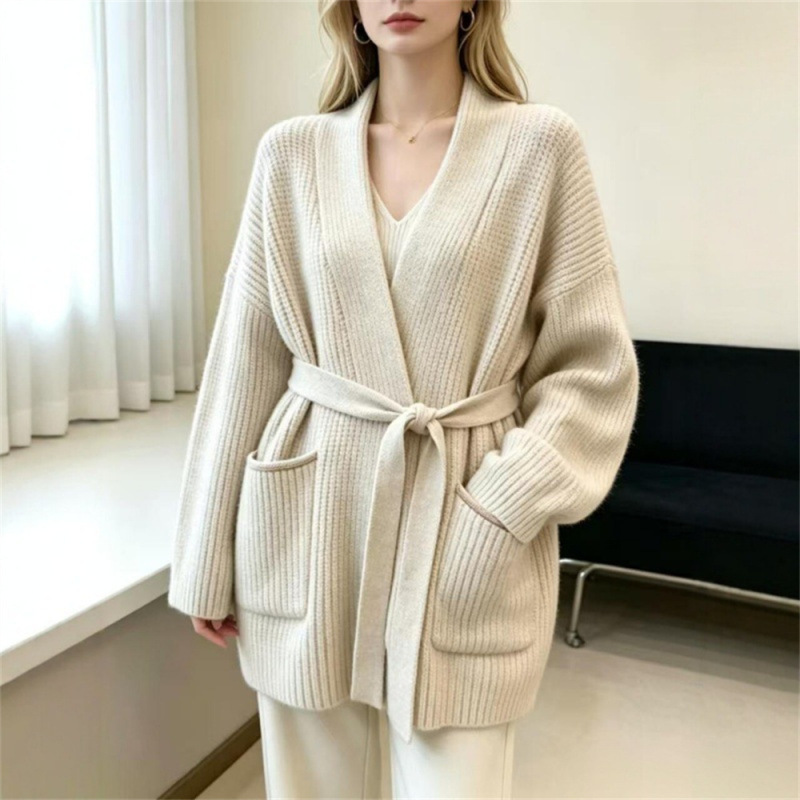 European-Style Lazy Style Autumn and Winter Thick Cardigan for Women, Retro Loose Knitwear, Mid-Length Tie-Up Solid Color Sweater Coat
