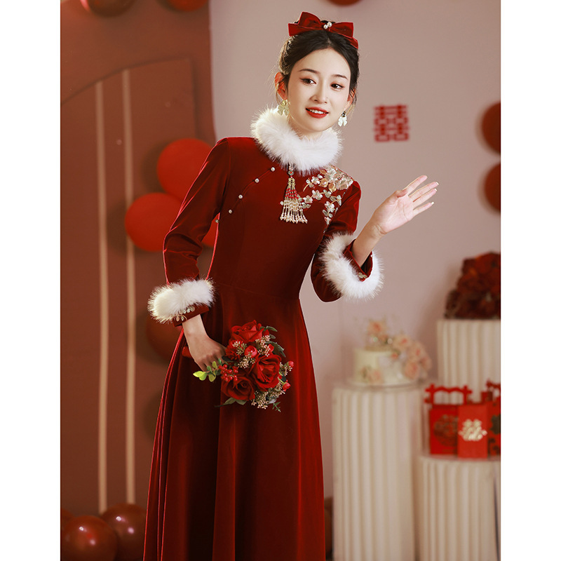 Toast Dress Bride dress Cheongsam Engagement Wedding Dress Long Sleeve Han Dress Banquet 2024 New fleece-lined
