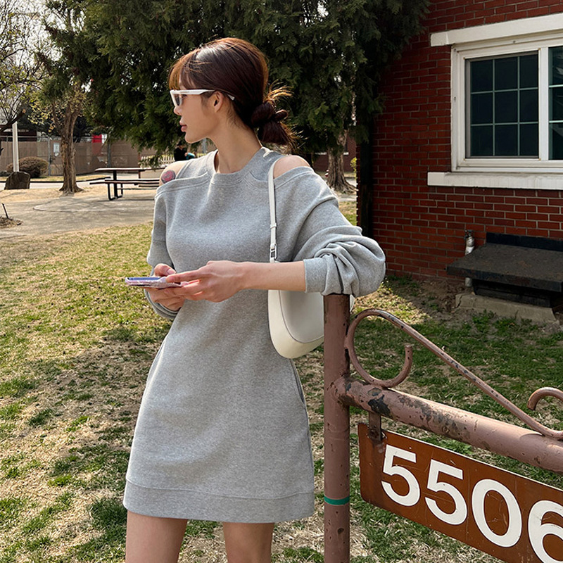 韩国代购女装货源针织露肩长袖卫衣裙显瘦短款女式连衣裙韩版