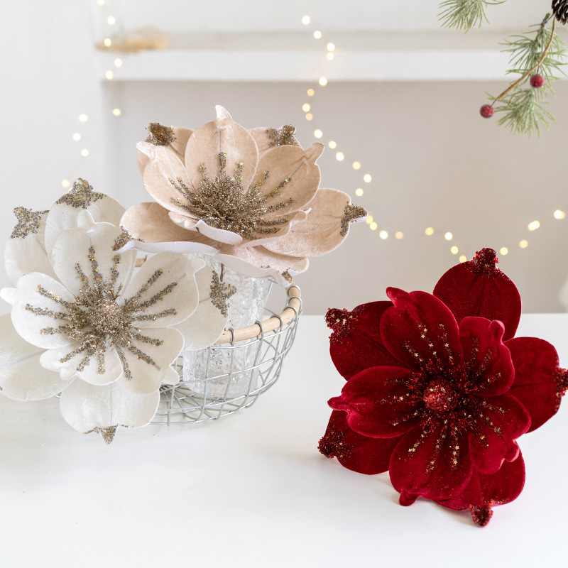 越境新品クリスマス装飾品シミュレーション花クリスマス花高級布芸粘着粉スパンコールシミュレーション玉蘭|undefined
