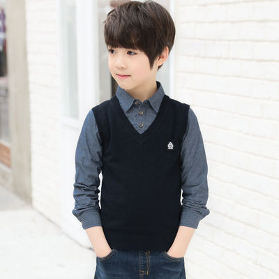 Children's clothing Boy Sweater Shirt collar False two 2021 Spring new pattern Large children Base coat Socket Western style