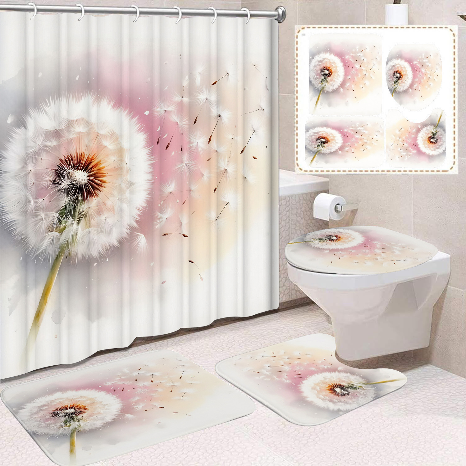 Flor blanca cortina de baño inodoro cortina de partición impermeable de baño cortina de lavado separación seca y húmeda cortina de puerta colgante sin agujeros