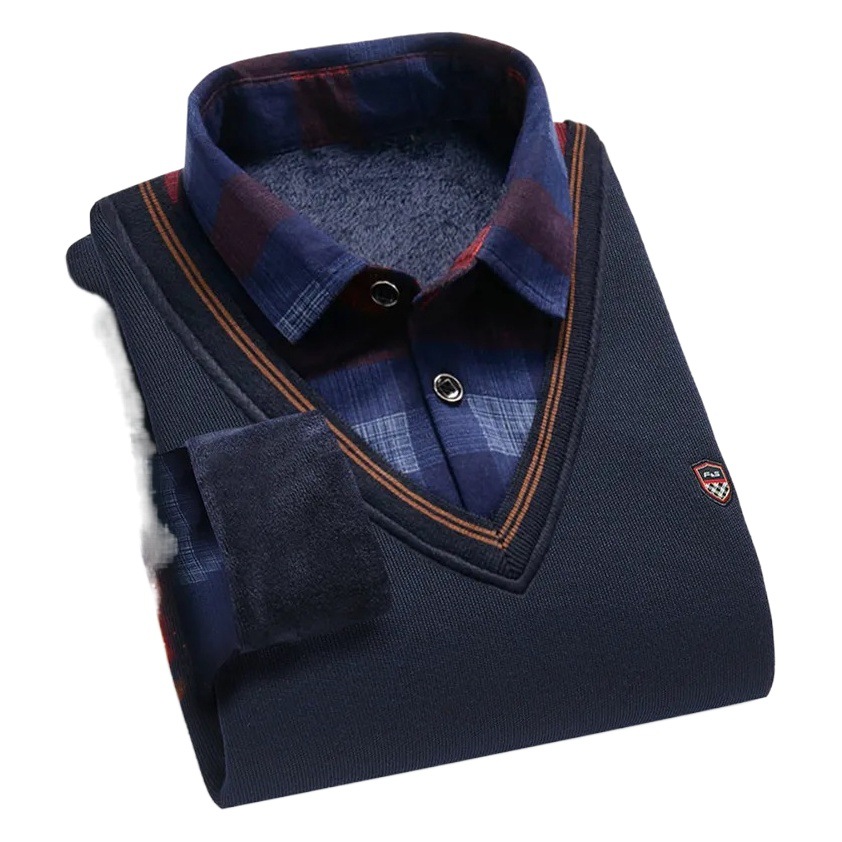 [Forrado de vellón engrosado] suéter de cuello de camisa de dos piezas falso de los hombres de mediana edad y ancianos suéter de fondo desgaste interior