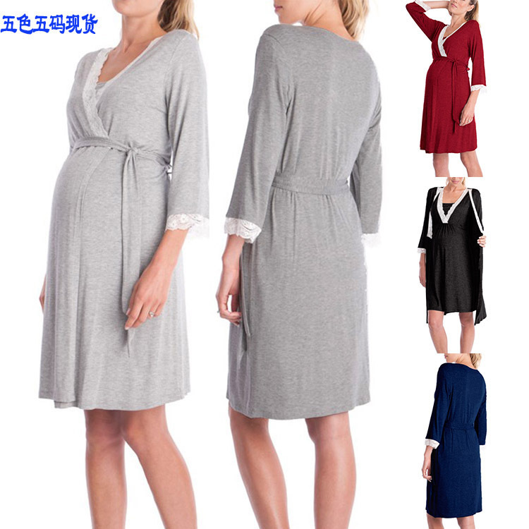 Cross-Border Supply Hot-Selling Fashionable Lace Three-Quarter Sleeve Maternity Dress Robe Pajamas