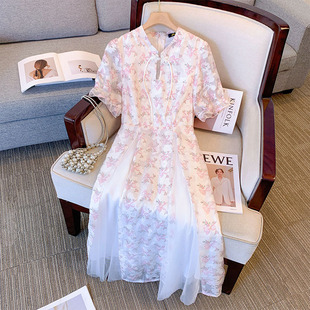 60.00 kg-175.00 kg plus size Women's Retro Girl Split Floral dress Chubby mm2024 Summer New Tea Break Dress