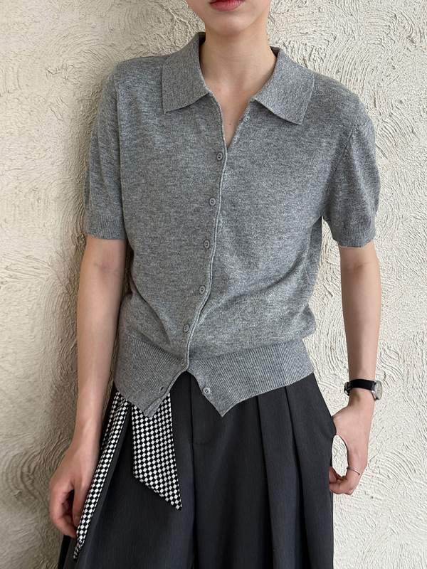 鹿西 刺繍入りポロ襟ニット半袖トップス レディース 秋新作 ウエストシェイプ 細見え 高級感トップス ss738|undefined