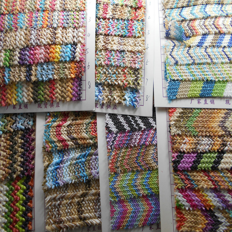 环保编织PP草波浪编织布彩色编织草席纹七彩荧光色织间条手袋面料