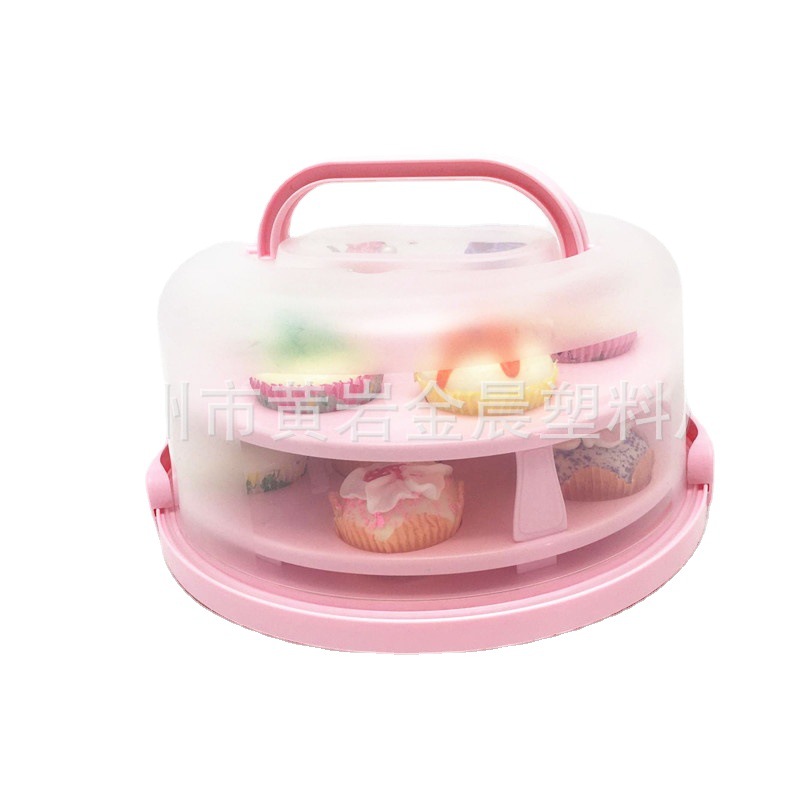 BSCI验厂 10寸圆形加厚便携式手提双层卡扣蛋糕盒可加托架