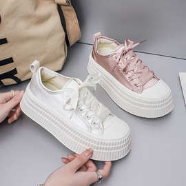 A9899 冷粘工艺绸缎厚底女鞋2025春季新款松糕增高休闲百搭小白鞋