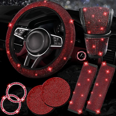 Car Diamond-Encrusted Decorative Set: Steering: Steering wheel cover - red-38cm
