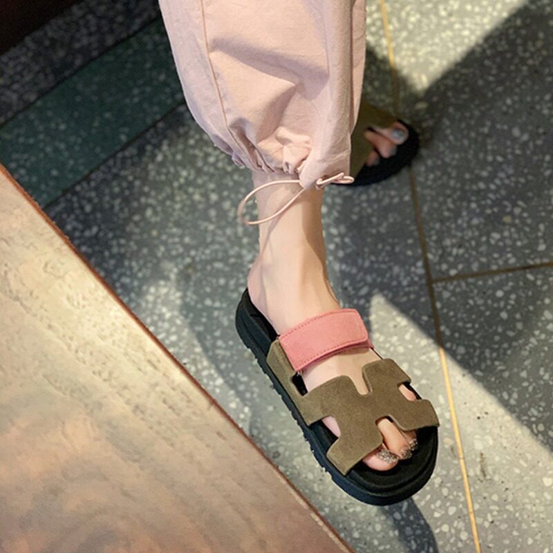 Dép sandal nữ quai ngang xỏ ngón đế dày, khóa dán tiện lợi, đi ngoài mùa hè — Màu trắng, Màu đen, Xanh denim phối nâu, Xanh mực ghép Hồng