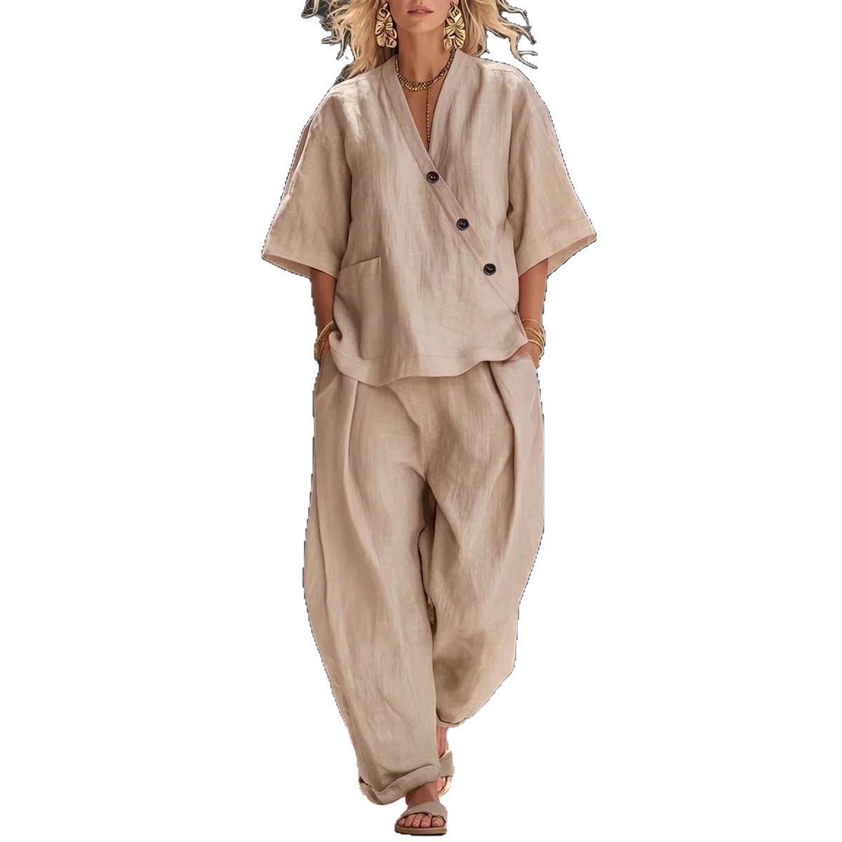 Women's Clothing Women's Solid Color Summer Set V Neck Short Sleeve Top And High Waisted Trousers Two Piece Style Clothing_ecoleips.com