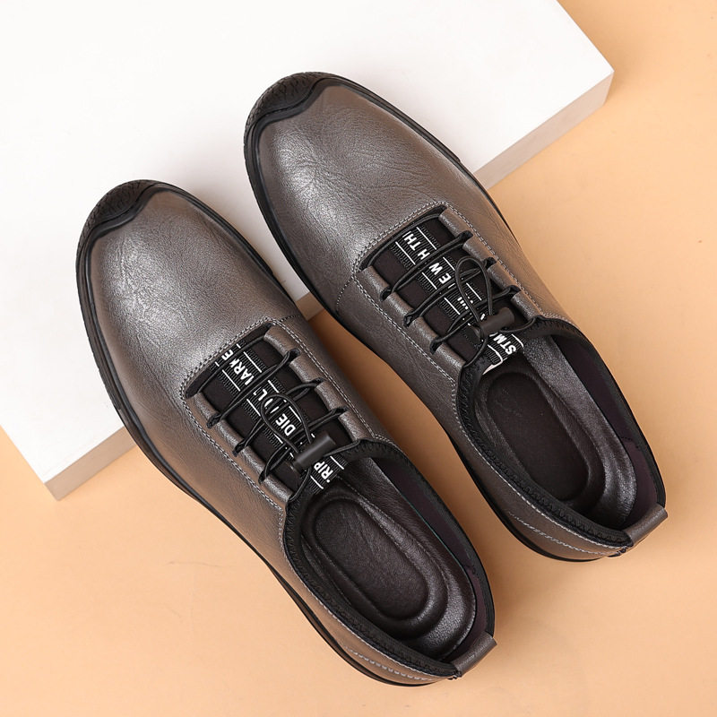 Giày da nam công sở cổ thấp gót thấp 1-3 cm, da mềm xỏ chân, đế cao su chống trượt — Màu xám 23559, Màu đen 23559