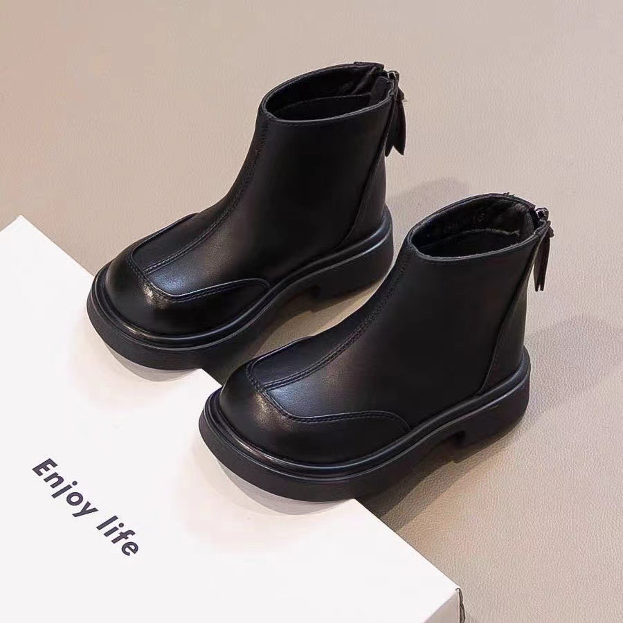 Girls' Boots Children's Short Boots 2025 New Style Double Cotton Martin Boots Autumn and Winter Leather Boots for Girls Plush Shoes Leather Shoes Black