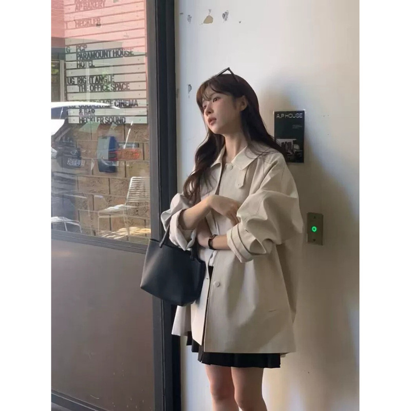 In Stock Korean Dongdaemun Verga*Ot Simple Loose A-Line Lapel Single-Breasted Mid-Length Trench Coat