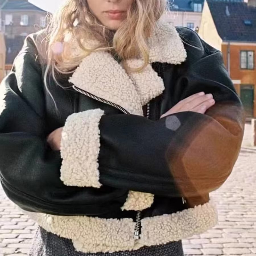 Women's Clothing winter new street style double sided fleece leather jacket casual motorcycle style leather jacket_voghion.com