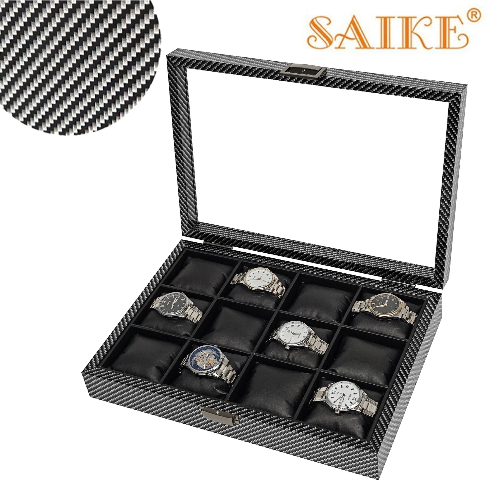 现货批发碳纤纹木质丝棉枕12位手表收纳收藏展示盒12只手表盒