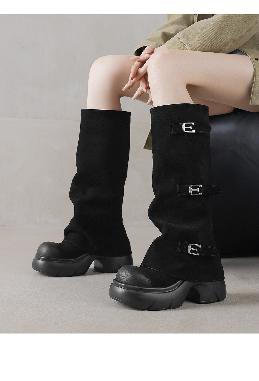 Boot nữ da lộn đế dày phong cách biker, gót platform 5 cm — màu đen chi tiết 9