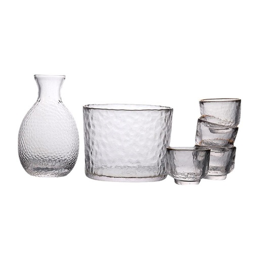 Japanese Hammered Pattern Wine Glass Set, Sake Pot, Sake Cup, Small Glass Cup, Home-Use Baijiu Cup, Wine Warmer Set