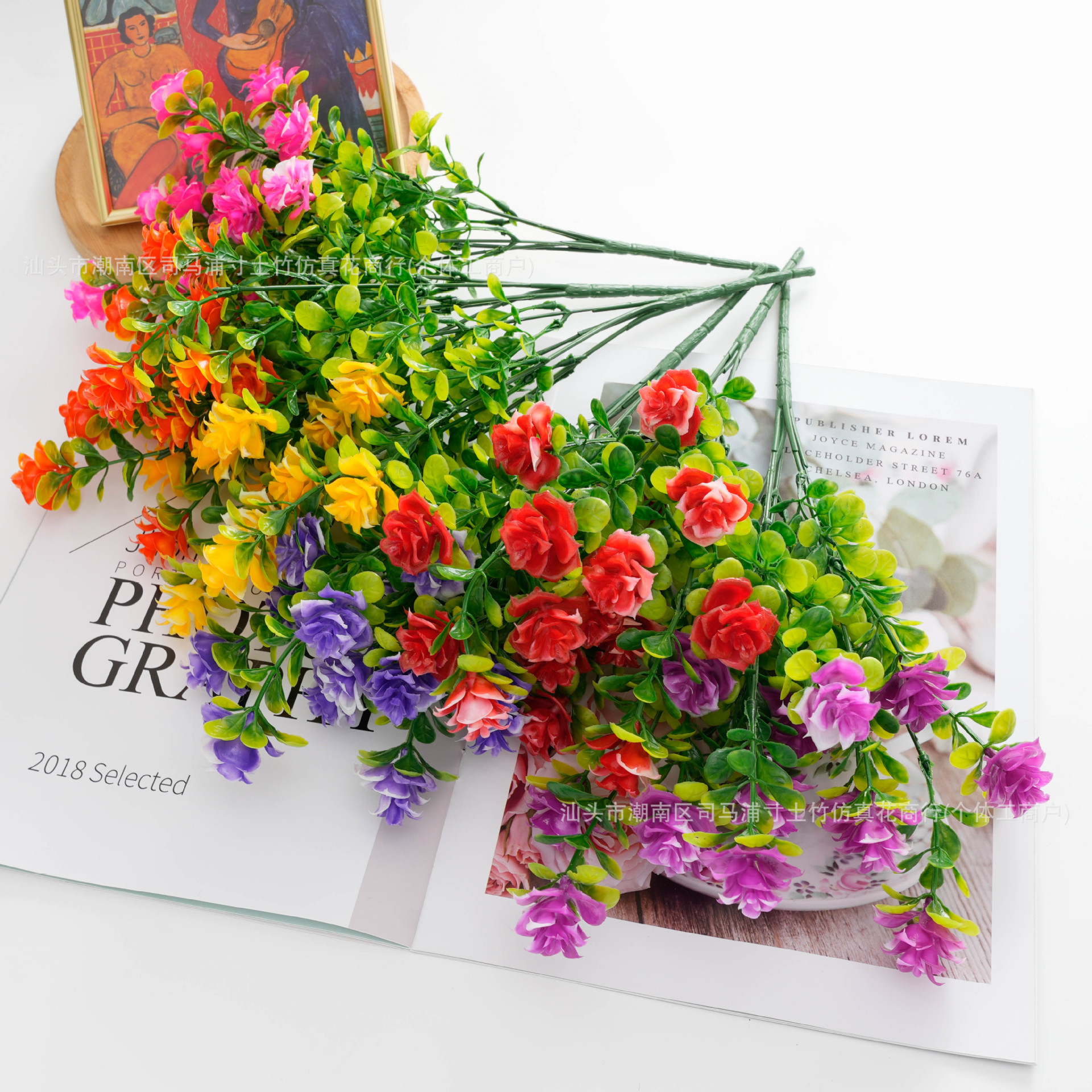 跨境亚马逊人造花绿植塑料假花5叉玫瑰花仿真花家居装饰批发