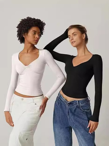European and American women's long-sleeved pullover pleated V-neck T-shirt slim hot girl autumn top milk silk sexy trend