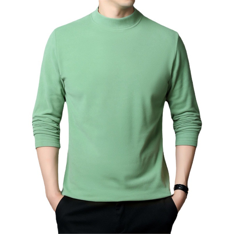 Camiseta de base de terciopelo de doble cara con cuello medio alto para hombre, otoño 2025, sudadera de terciopelo alemán, fabricante de camisetas de manga larga de color sólido cepillado para hombre.