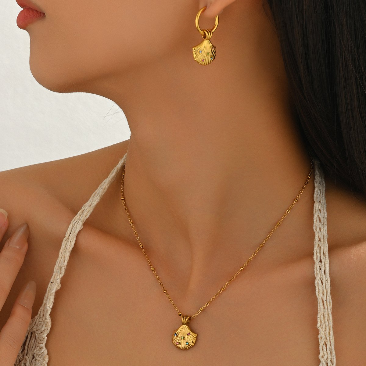Ocean Style Shell Inlaid Gemstone Jewelry Set For Women Necklace_voghion.com