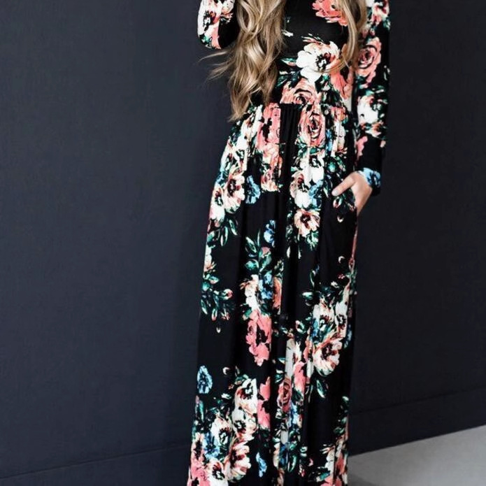 Summer Floral Pattern Dress round Neck Long Sleeve Women's Fashion 2022 Wish Hot Selling Export European American Style Large Stock Available_ecoleips.com