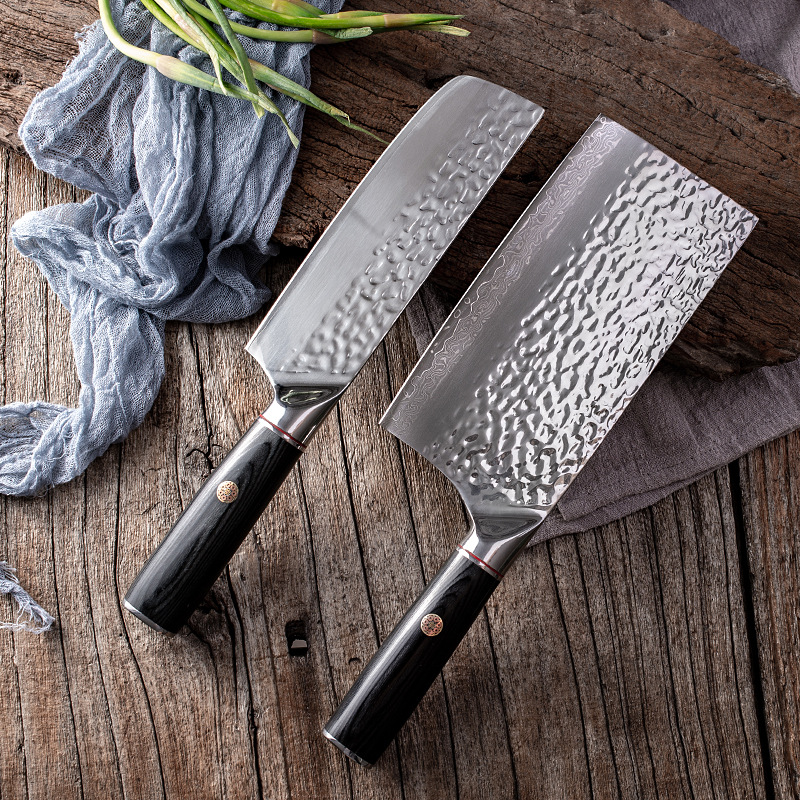 Half blade Damascus steel slicing knife three-in-one steel small kitchen knife household stainless steel sharp hammer pattern kitchen knife