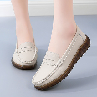 Cowhide Hollow Bean Shoes Beef Sole Wedge Shoes for Moms Flat Slip-on Hole Shoes Cross-border Large Size Women's Single Shoes
