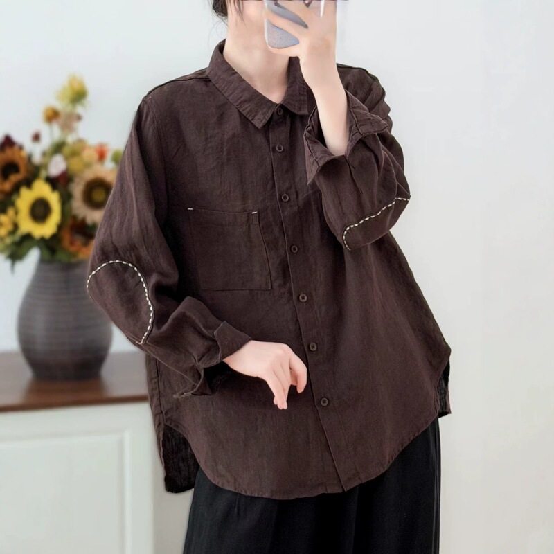 Women's embroidered linen long-sleeve shirt with elbow detailing, 2026 autumn collection, loose-fitting, versatile, and casual style, 26201 Women's embroidered linen long-sleeve shirt with elbow detailing, 2026 autumn collection, loose-fitting, versatile, and casual style, 26201