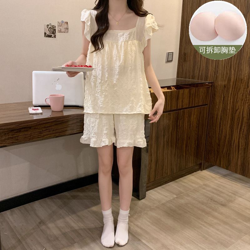 Venta al por mayor transfronteriza verano nuevo estilo pijama de color sólido mujer simple con almohadilla en el pecho jacquard nube algodón manga voladora pantalones cortos traje