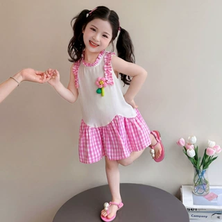 女小童格子连衣裙夏季2026新款宝宝花朵背心裙夏装儿童甜美公主裙