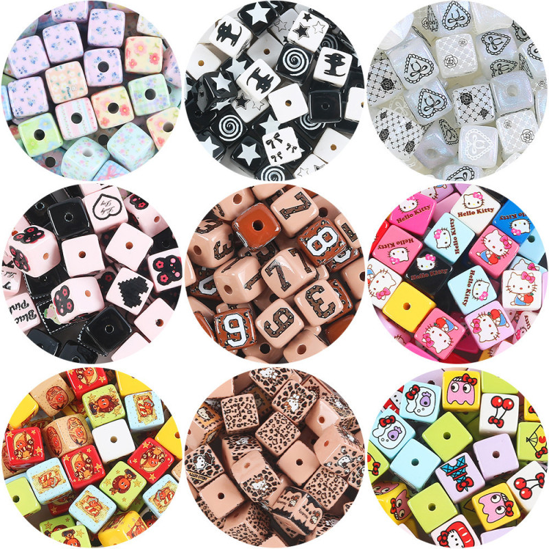 12/14mm亚克力卡通豹纹数字碎花方块串珠DIY儿童创意盲盒珠饰品|undefined